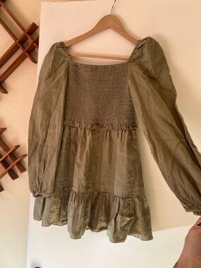 Quince Olive Green Smocked Peasant Mini Dress | 100% Linen